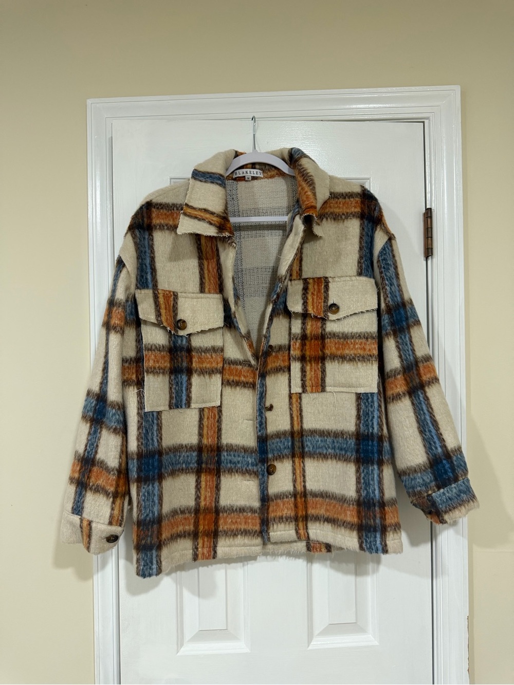 Teddy Plaid Shacket Jacket in Cream, Blue & Brown